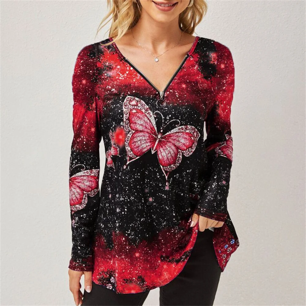 Frauen Tops 2021 Herbst Neue Große Größe T-Shirt Mit V-ausschnitt Zipper Schmetterling Druck Lange Hülse T-Shirt Lässig Pullover Damen tops