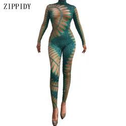 Fashion Rhinestones Green Nude Jumpsuit Sexy Stretch Dance Bodysuit Performance Party Celebrate  Stage Show Costume Wear