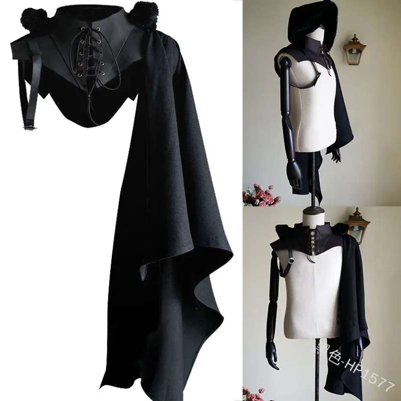 COLDKER Medieval Men Fashion Hooded Shawl Cosplay Accessories Black Costume Unisex Gothic Capelet Halloween Fancy Dress