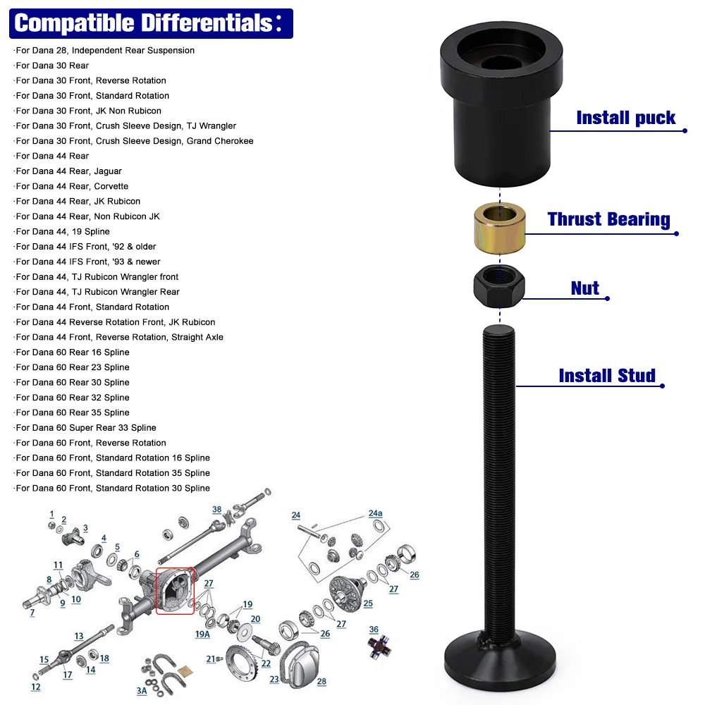 Inner Axle Side Seal Installation Tool For Dana 30/44/60 Front Rear Differentials For Chevrolet/GMC/Dodge/Ford/Jeep/ Volvo