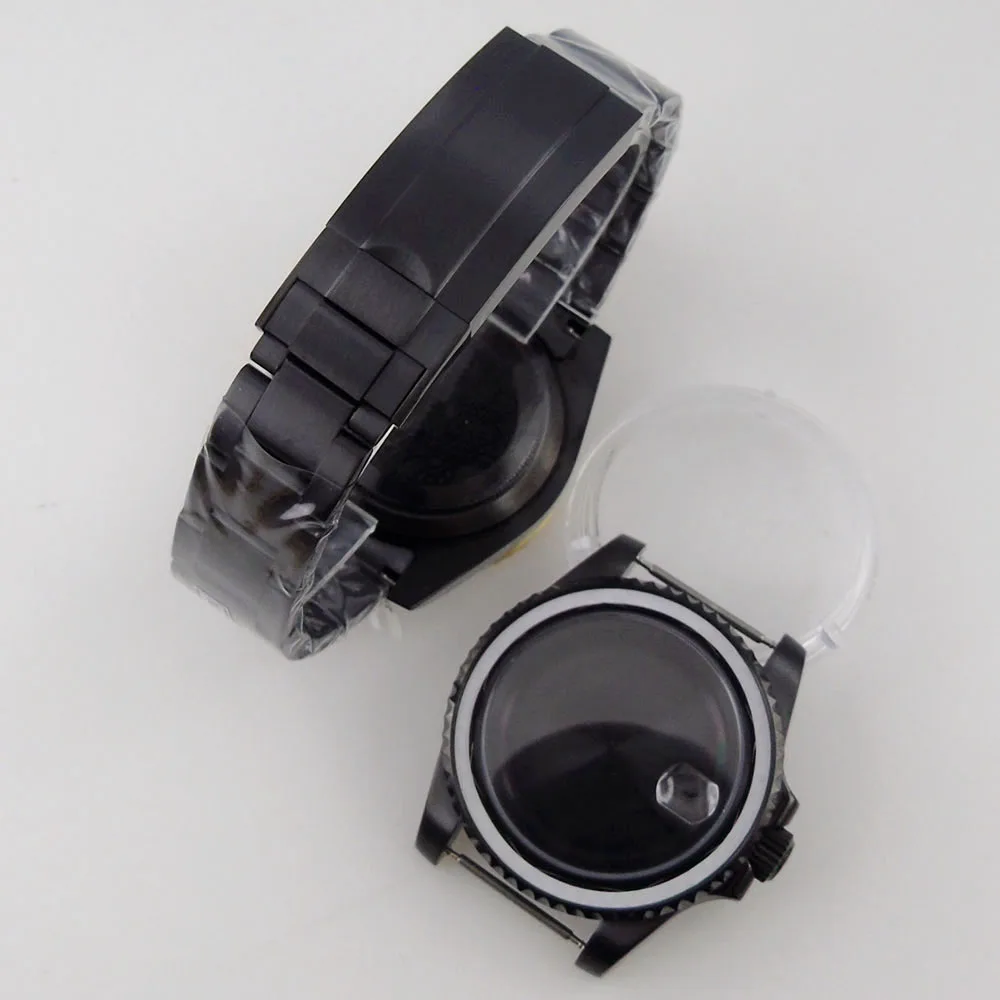 40mm Fully Black Plated Watch Case Fit For NH35/Miyota 8215/ETA 2836/DG 2813 Sapphire Glass solid/316L Bracelet