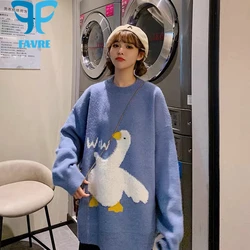 FAVRE Couple Sweaters Pullovers Men Streetwear Cartoon Duck Goose Knitted O-Neck Japanese Jumper  Autumn Winter Women Sweater