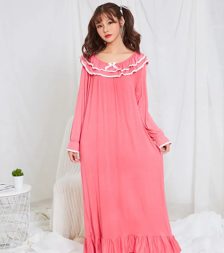 

Spring Autumn Ladies Long Sleeves Modal Cotton Princess Nightgown Girl Student Royal Princess Sleepwear Lounge Negligee Homewear