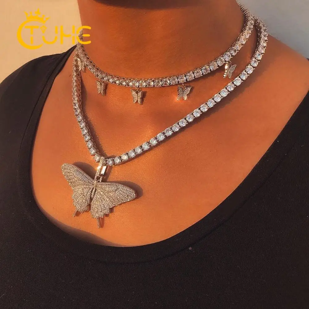 Iced Out Sparking Bling CZ Butterfly Pendant Necklace Charm Choker AAA Cubic Zircon Hip Hop Women Jewelry Tennis Chain Gold Pink