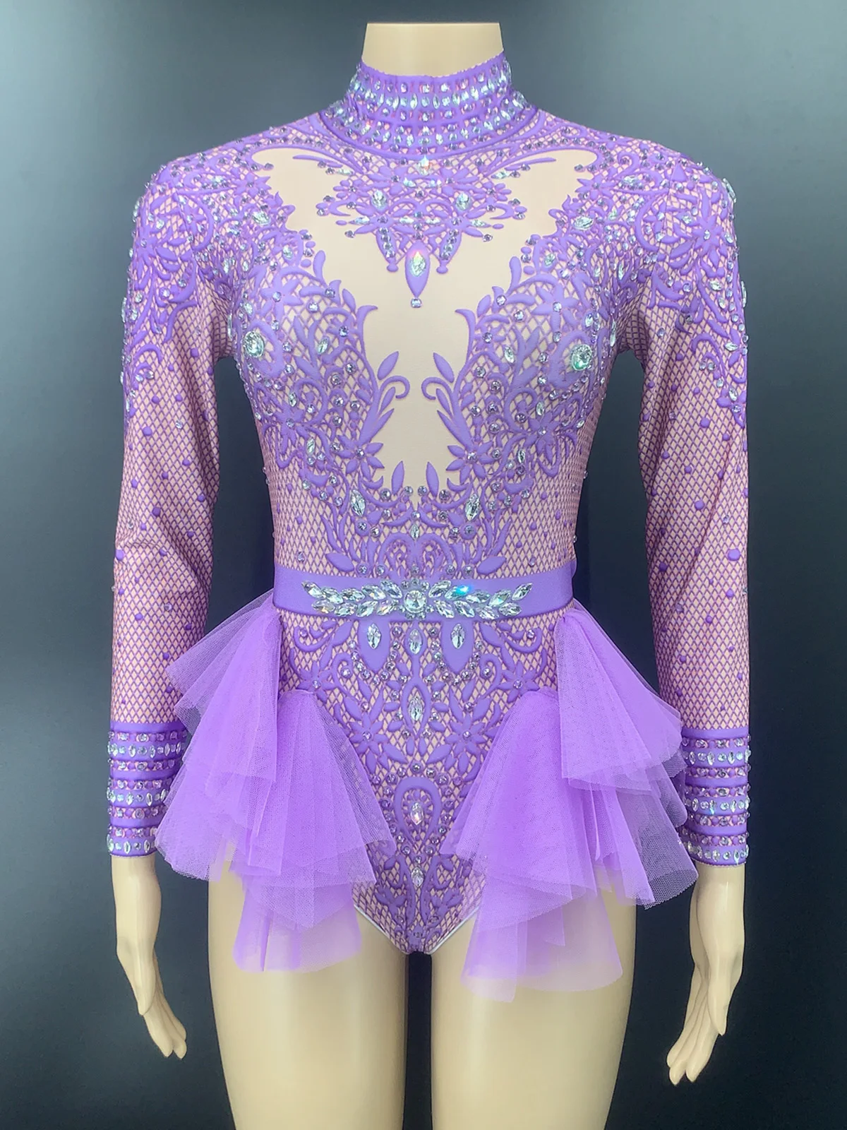 Bodysuit de strass brilhante para mulheres, manga longa, roupa do clube, traje de dança, show sexy, desempenho, desgaste do palco, vestido de aniversário