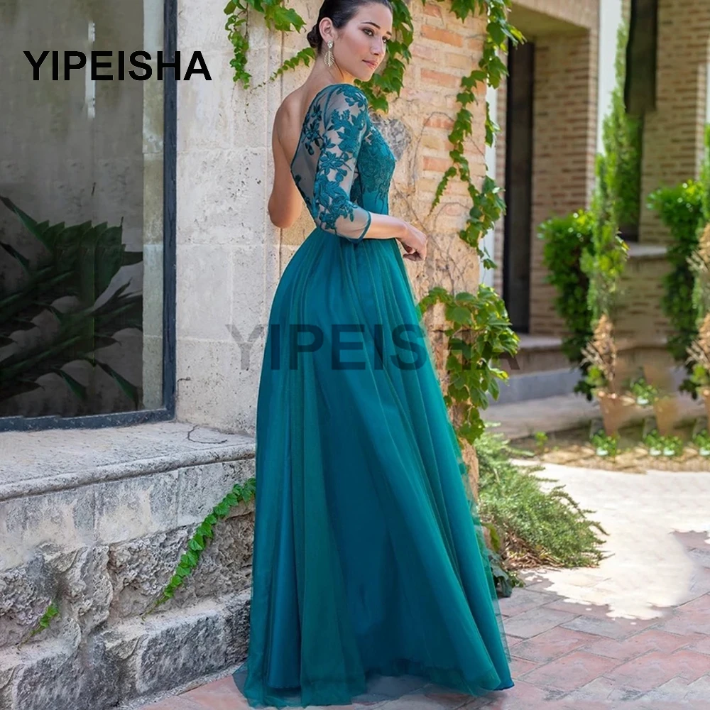 2021 Sexy Sehen-Durch Ein-Schulter Abendkleid Spitze Appliques Drei Viertel Ärmeln IIIusion Prom Party Kleid roben de soirée