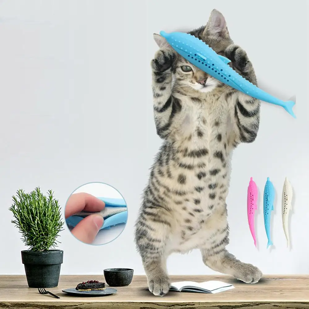 Pet Cat Toothbrush Toy Fish Shape Catnip Flavor Silicone Molar Stick Teeth Cleaning Toy For Cats Kitten Chew Toy Pet Products