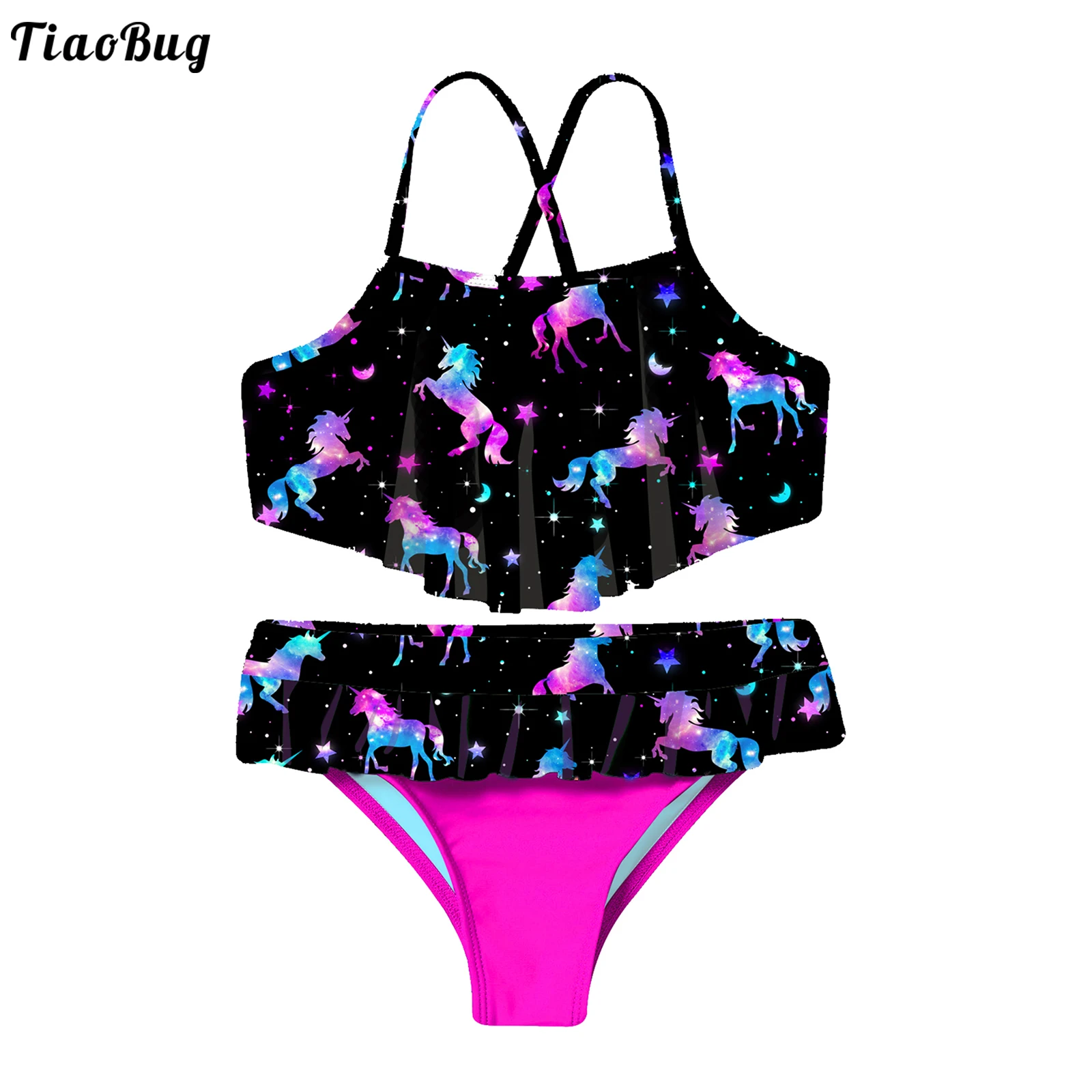 

TiaoBug Summer 2Pcs Kids Girls Bikini Sets Spaghetti Straps Criss Cross At Rear Ruffle Hem Tube Top With Bottom Beach Swimwear