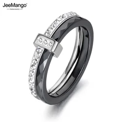 JeeMango 2 Layers Black/White Ceramic Crystal Wedding Rings Rose Gold Color Stainless Steel Rhinestone Engagement Ring JR18054