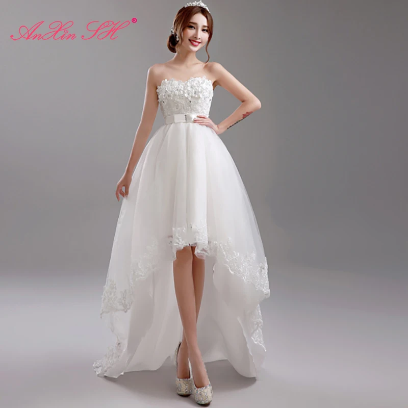 AnXin SH Princess little flowers lace party strapless high/low beading crystal bow bride wedding Dress little white dress 8271