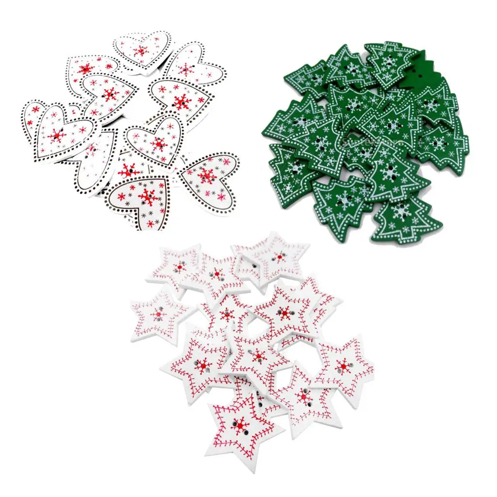 25 Pieces Snowflake Christmas Tree / Love Heart / Star Wooden Buttons Embellishment Fit Sewing & Scrapbooking 2 Holes