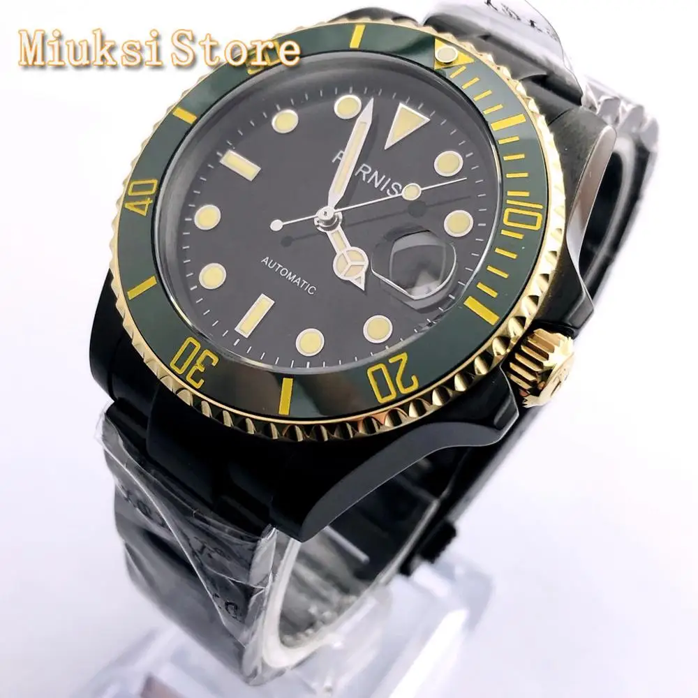 

Parnis 40mm mens top luxury watch black PVD case sapphire glass ceramic bezel stainless steel waterproof automatic mens watch