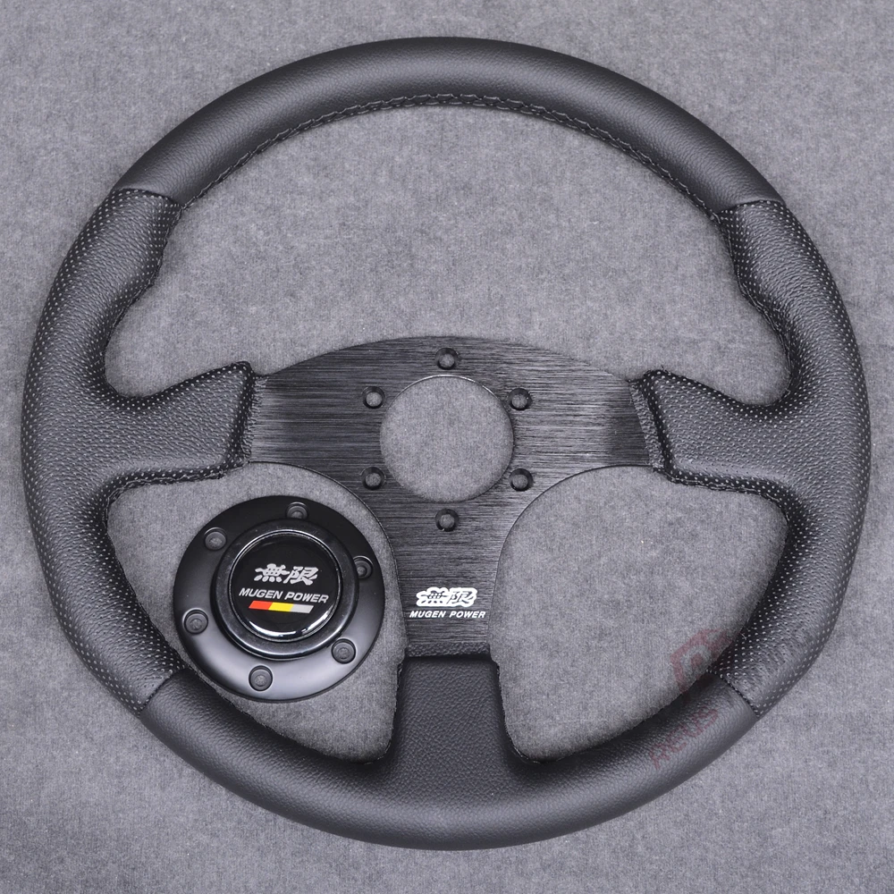 Black/Red Stitching Universal Flat JDM Mugen Style 350mm 14inches Car Racing Sport Steering Wheel With Horn Button