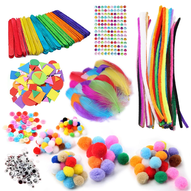 Kids Creative Art Crafts Supply Colorful Pipe Cleaner Plush Sticks Pompoms Feather Eyes Sticker Children DIY Craft Education Toy