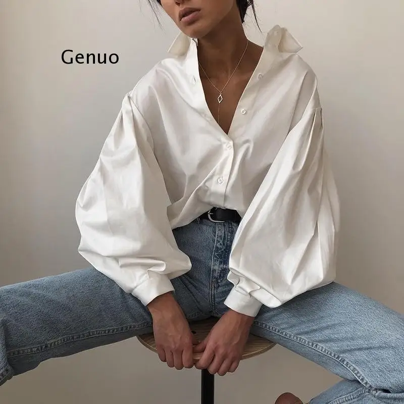 Hot sale 2021 Autumn New women blouses Lantern Sleeves lapel Streetwear fashion Casual wild Loose Slim button simple Solid shirt