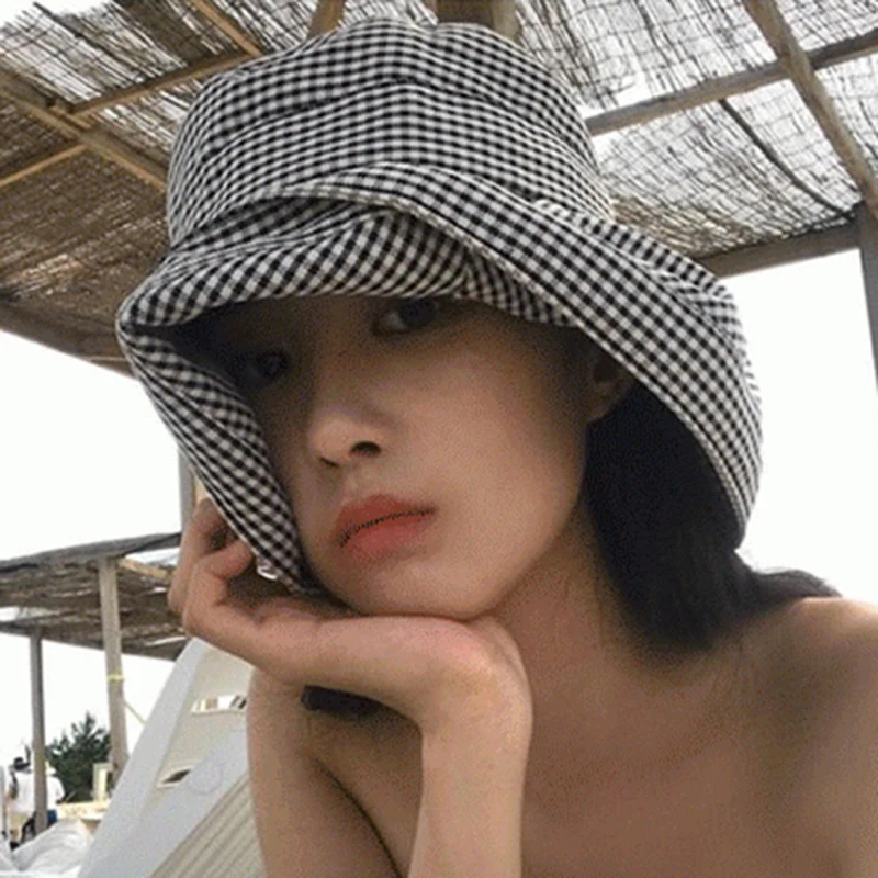 Luna&Dolphin Women Sun Hat Designer Spring Summer Unisex Black White Plaid Big Eaves Sunshade Houndstooth Fisherman Basin Cap