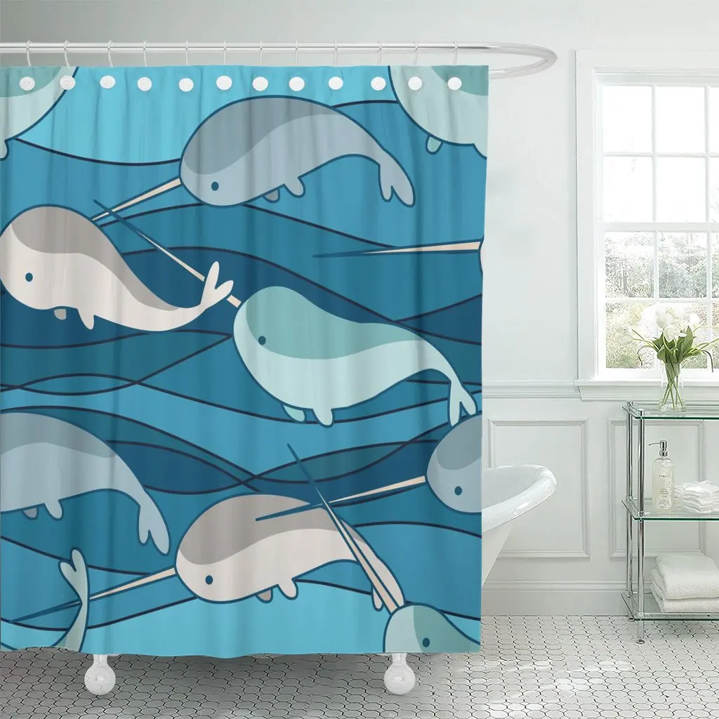 Blue Pattern Playing Narwhals on Wave Animal Aquatic Cartoon Shower Curtain Waterproof Polyester Fabric 60 x 72 Inches with Hook