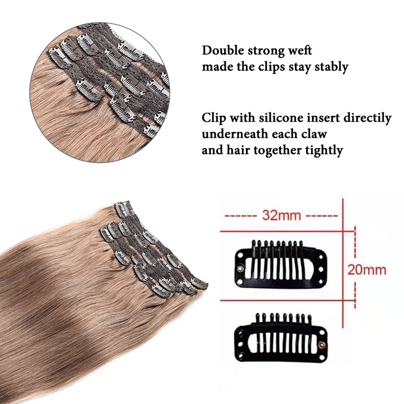 Toysww Hair Extension Clip Human Hair Light Brown Color #6 Real Hair Extensions Full Head 6Pcs/Set 120G 100G