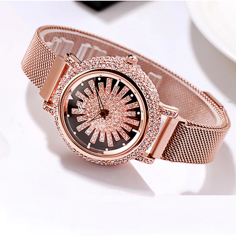 Orologi da donna in oro rosa di lusso elegante orologio da polso Casual con quadrante girevole rhinestone per le donne orologio impermeabile 3ATM di