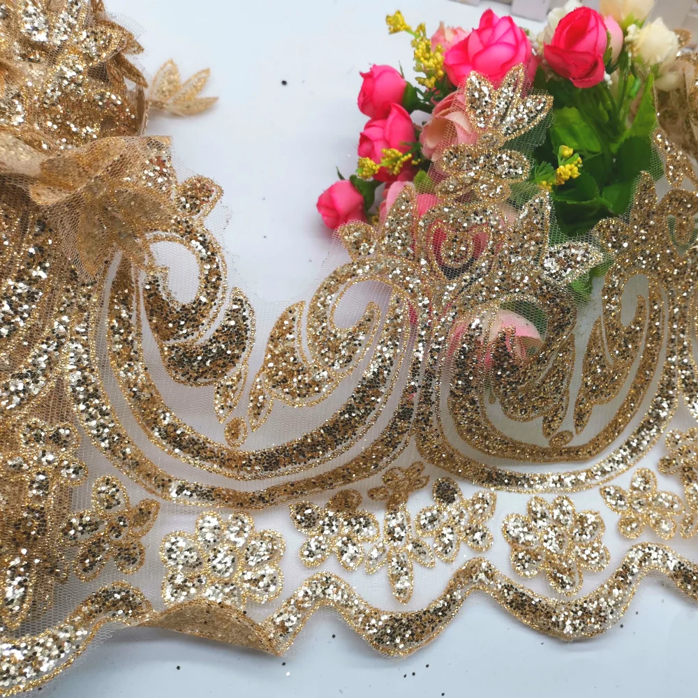 Bronzing Lace Fabric Glitter Gilding Printing Gold Stamp For Bridal Dress Border Scalloped Trims For Dress 22cm