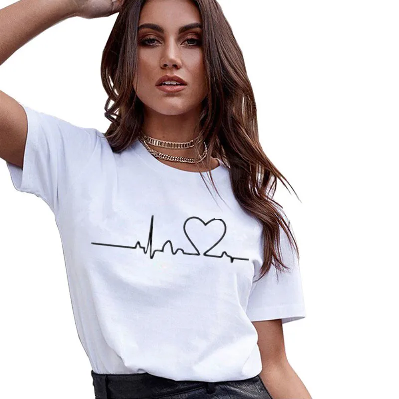 

Women's Love Heart Print T-Shirt, Plus Size, Electrocardiogram, Funny Woman Tee Tops, Casual Female T-shirts, Summer