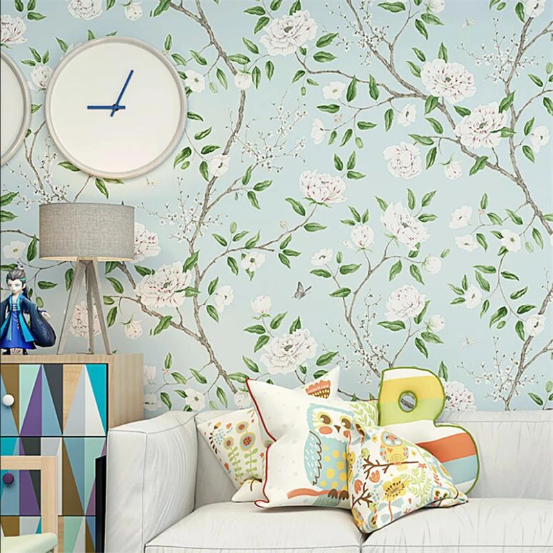 beibehang American country pastoral style wallpaper green small fresh art light blue bedroom living room TV background wallpaper