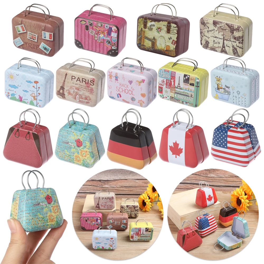 Metal Mini Suitcase Jewellery Box Miniature Trunk Bags Cartoon Pattern Dollhouse Decoration Gifts DIY Dolls Accessories