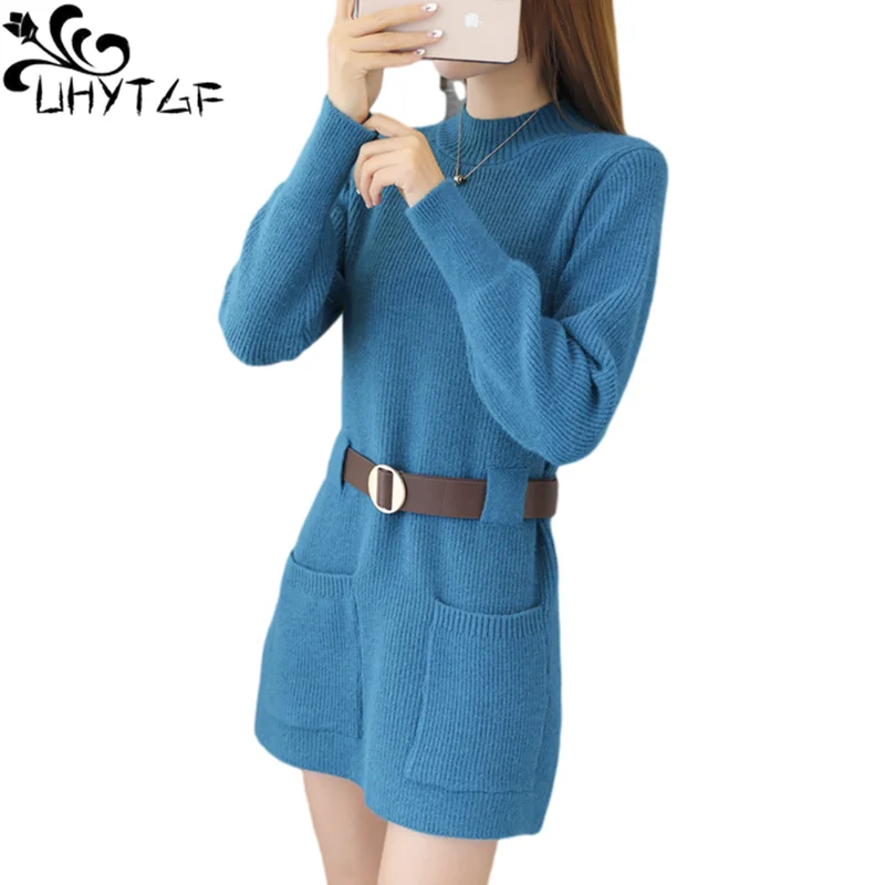 UHYTGF Autumn Winter Dress Female Turtleneck Mid-Length Knitted Bottoming Clothes Fashion Belt Pocket Elegant Women Sweater 1888