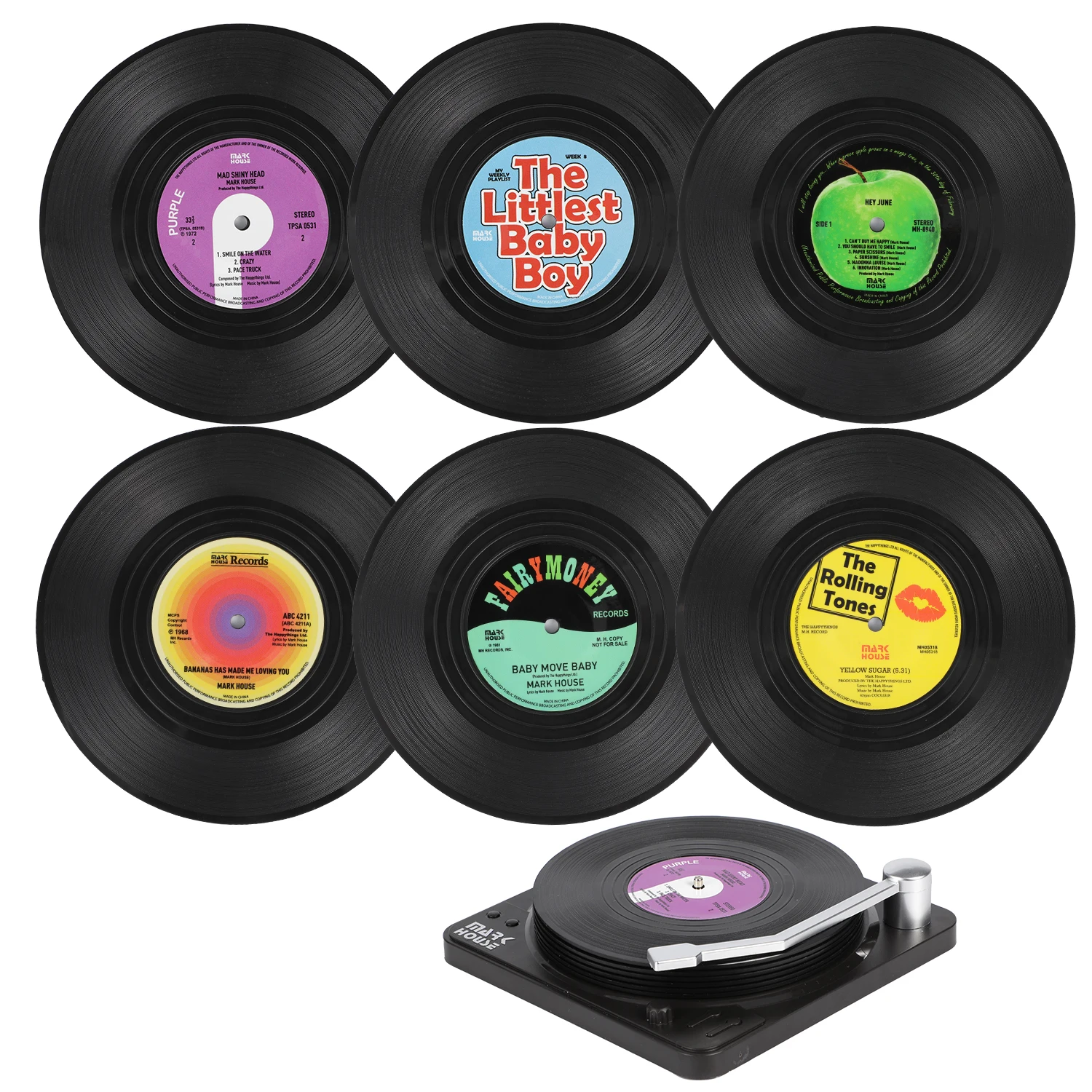 6pcs Coasters for Drinks Retro Record Funny Absorbent Novelty Vinyl Disk Coasters with Vinyl Record Player Holder Effective