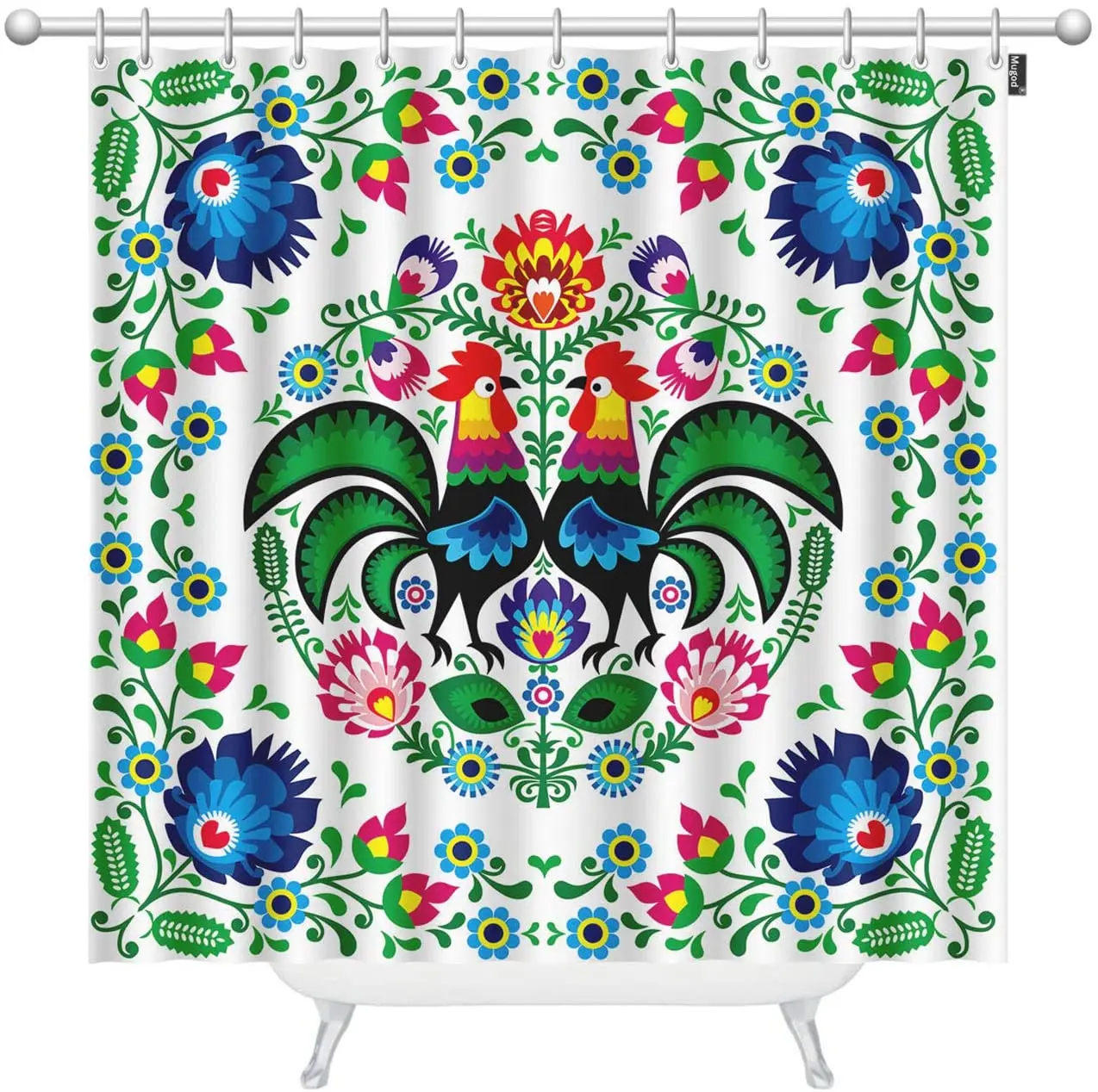 Poland Flowers Shower Curtains Polish Floral Folk Art Square Pattern with Rooster Decorative