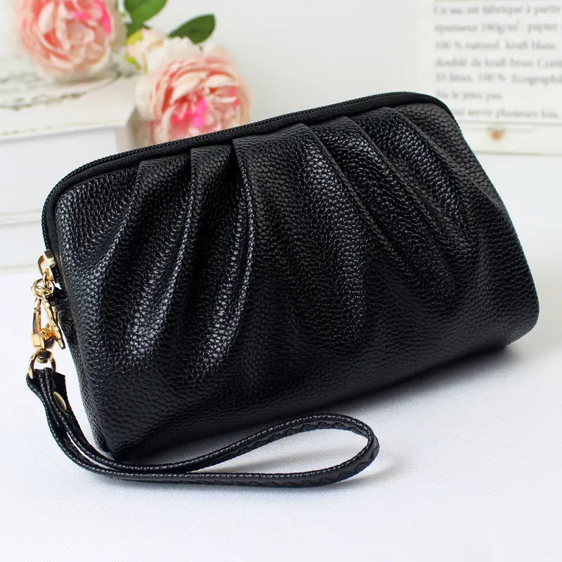 Clutches Women Solid Vintage Pleated PU Leather Simple Multi-function Zipper Ladies Handbags Korean Stylish Fashion Coin Purses