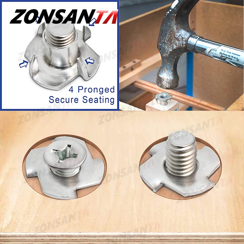 ZONNSANTA 30 Buah 4-Pronged Tee Nut M4 M5 M6 M8 M10 Four Claw Nut Speaker Nut T-nut Blind Pronged Insert Tee Nut Furniture Kayu