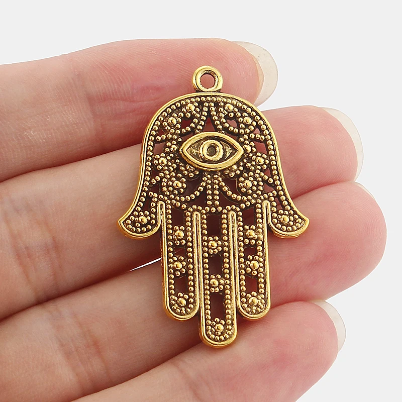 10Pcs Tibetan Gold Filigree Hamasa Hand of Fatima With Evil Eye Charm Pendant For DIY Necklace Bracelet Jewelry Making Supplies