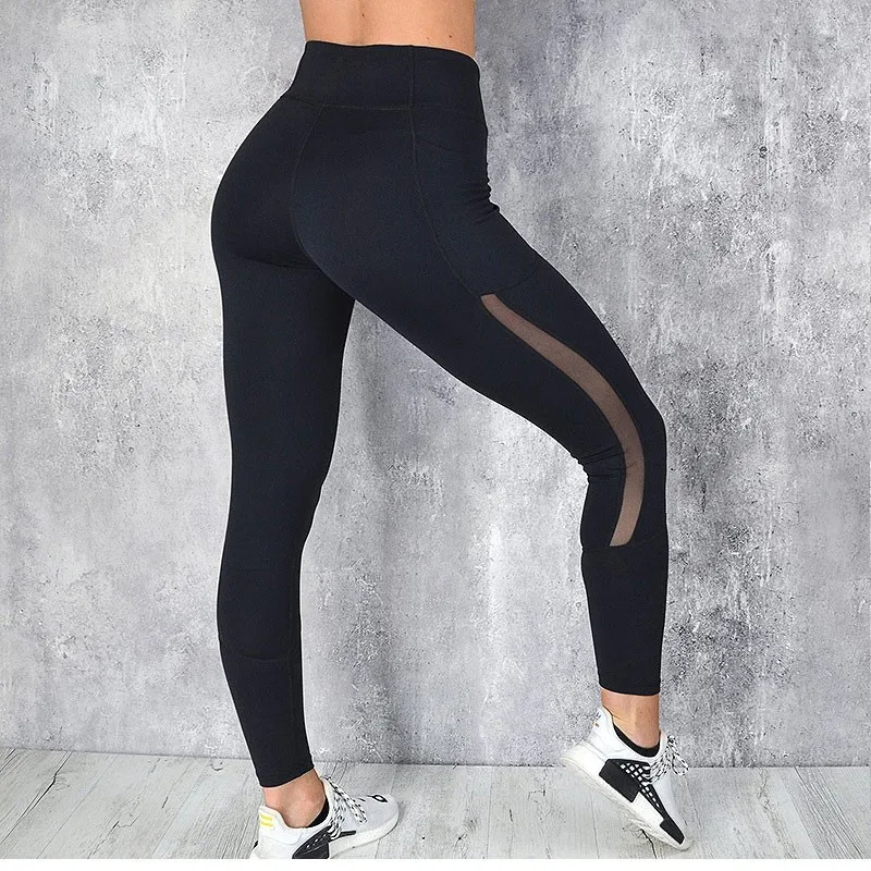 Fashion Women Side Pocket Design Net Gauze Splice Running Yoga Pants GYM High Waist Stretchy Fitness Leggings