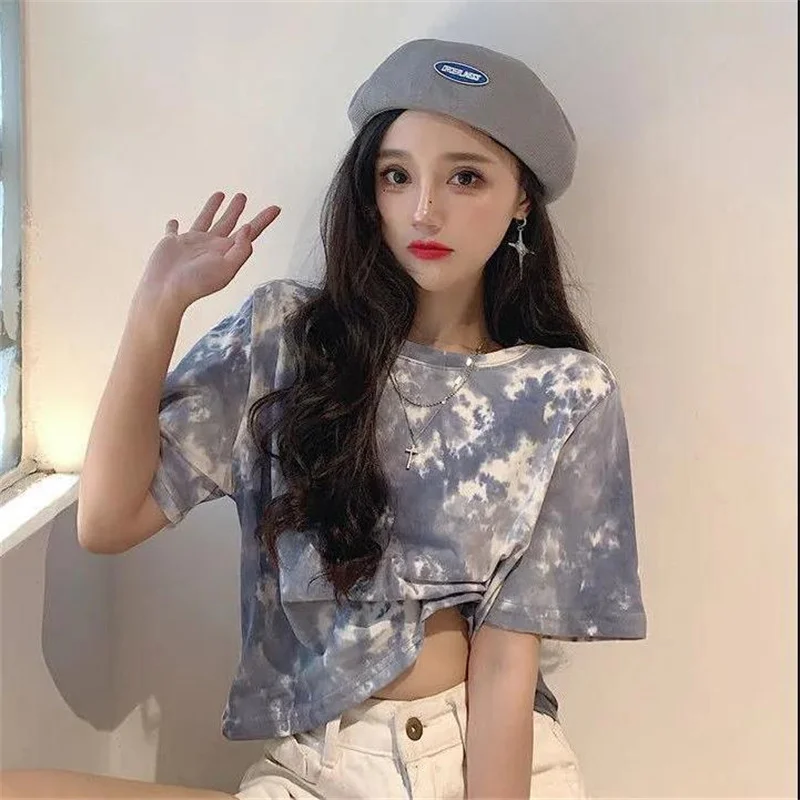 

Tie dyed short sleeve T-shirt women's summer 2021 new sweet spice girl short high waist loose chic top