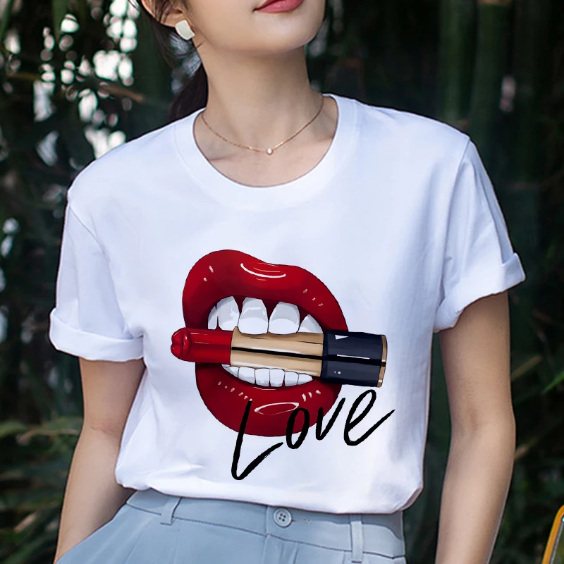 

Summer Women's Tops Red Mouth Lip Love Print T shirts Fashion O-Neck Short Sleeve clothing Tshirt Harajuku Leisure White T-shirt