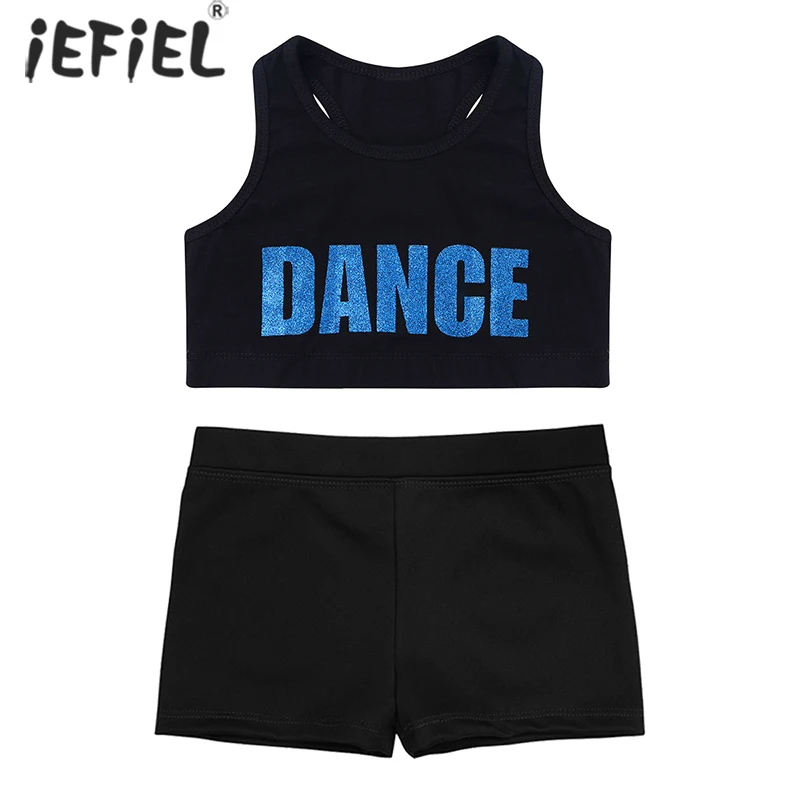 

Kids Girls Ballet Dancewear Sport Workout Dance Gymnastics Costume Set Letter Printed Tanks Top With Bottoms Shorts Girl Clothes