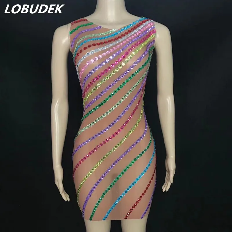 

Rainbow Stripes Colorful Rhinestones Mesh Short Dress Women Singer Models Stage Catwalk Transparent Stage Wear Evening Costume