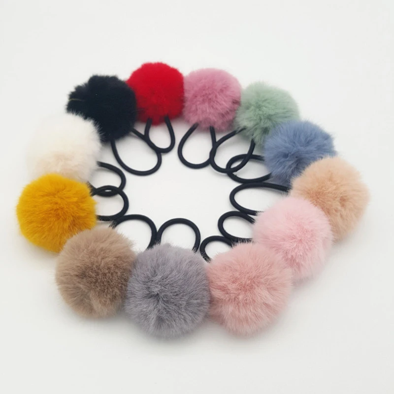 Candy Color Imitation Rabbit Fur Pompoms Elastic Hair Rubber Band Scrunchie Women Plush Hair Rope Autumn Winter Hair Accessories