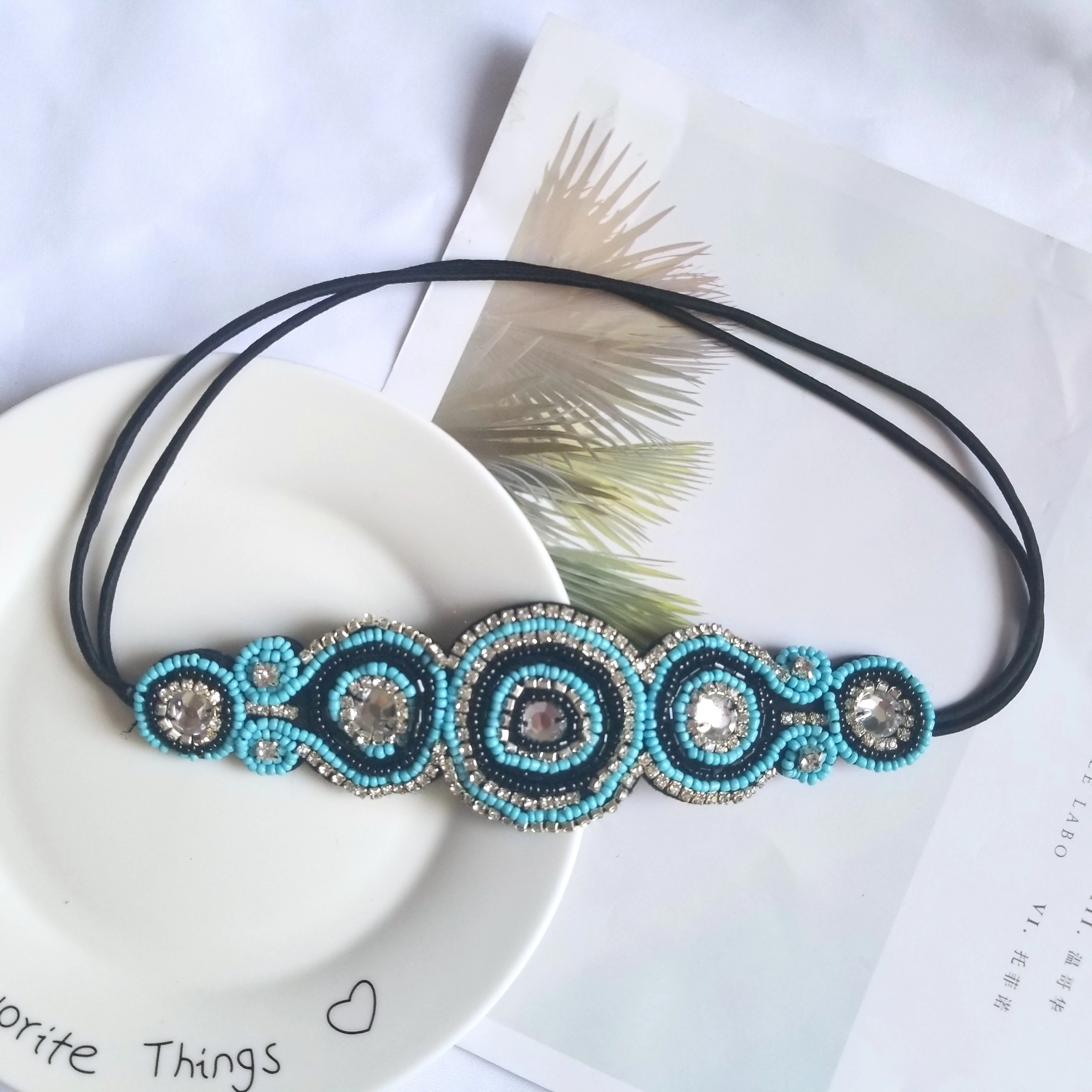 Vintage Green Blue Queen Shiny Crystal Handmade Beads Elastic Headband Women Wedding & Engagement Hair Accessories Bridal Banage