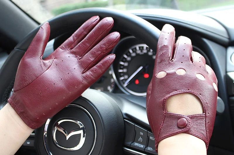 Women's Summer Full Finger Leather Gloves Breathable Single-Layer Sheepskin Fashionable Short Motorcycle Riding Gloves