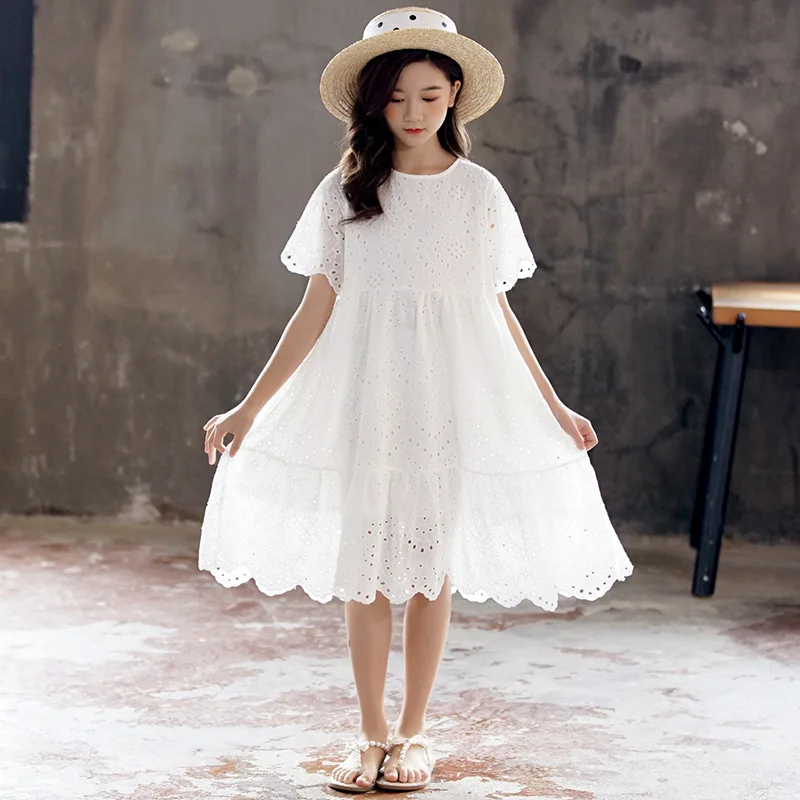 2024 Summer hollow Dresses White kid baby party mesh princess Girls Mid Long lace Patchwork Teenager dress 6 8 to 10 12 14 Years