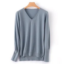 Spring Autumn Women V-Neck Pullover 100% Worsted Wool Cashmere Knit Sweaters Cashmere Skin Friendly Tops Soft Comfortable Thin S