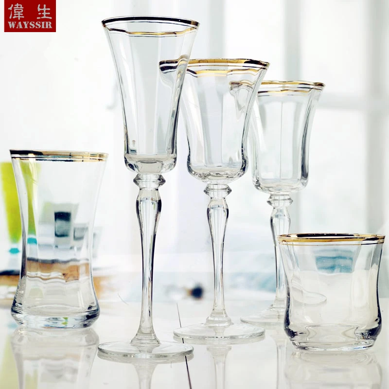 Crystal Glass Cup Set for Champagne, Wine, Fruit Juice, Hotel Tableware, Wedding Party, Palace Gold Design, High Stand Mug, 4Pcs