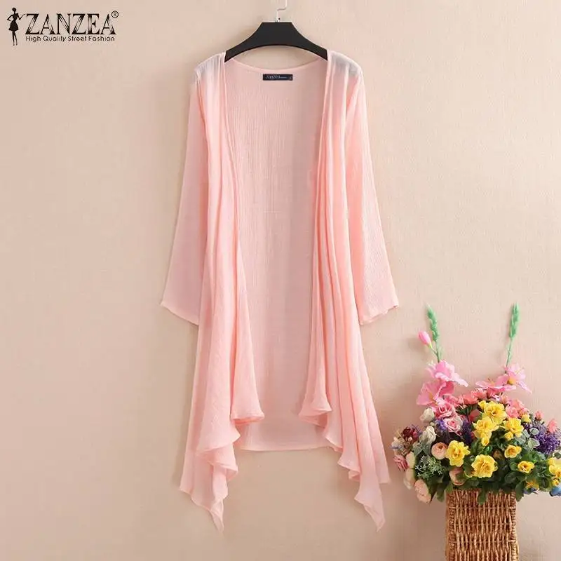 Women\'s Summer Blouse Cover Up ZANZEA Elegant Solid Cardigans Casual Long Sleeve Irregular Tops Beach Kimono