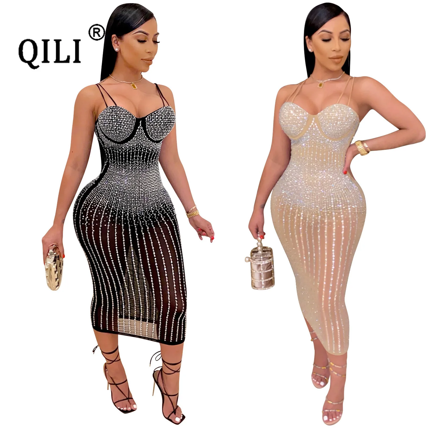 

QILI-Women's Sexy Mesh Diamonds Dress, See Through Slim Waist Pencil Dresses, Black, Khaki, Party Club Dress