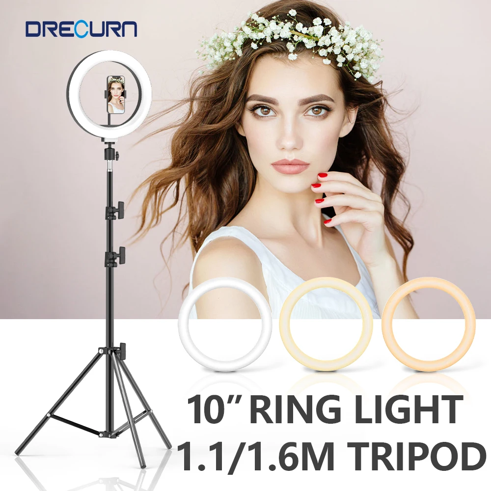 DRECURN 10inch Ring Light With Stand Tripod Phone Holder Clip LED Selfie 26CM Ring Lamp With Tripod For Makeup Video Live Studio