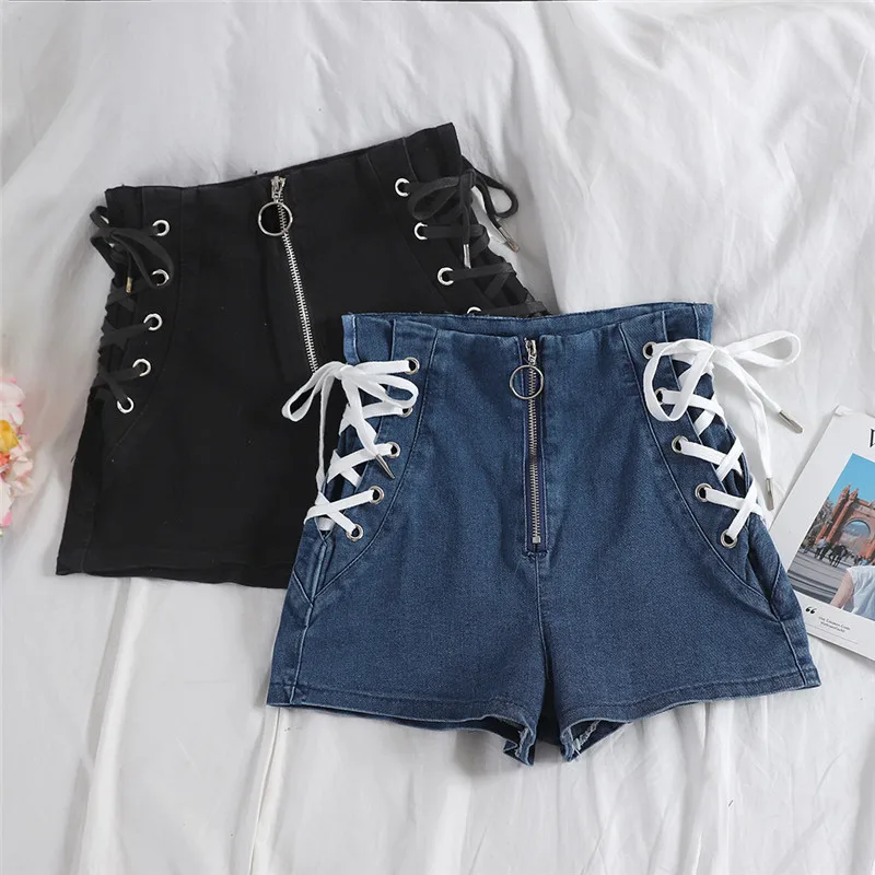 Spring Autumn Women Jeans Shorts Tie High Waist Denim Shorts Female Casual Black Shorts Student All Match Skinny Hot Shorts 1782