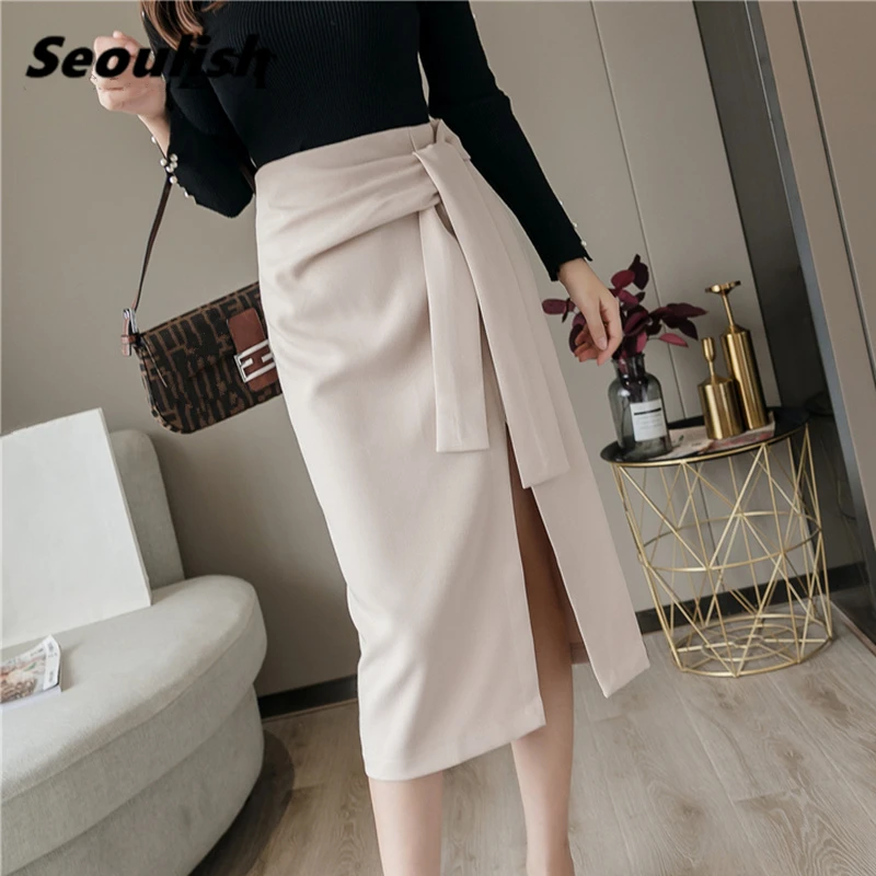 

Seoulish Spring 2021 New Women Elegant Sheath Wrap Skirts Front Split Korean OL Style High Waist Chic Work Wear Drawing Skirts