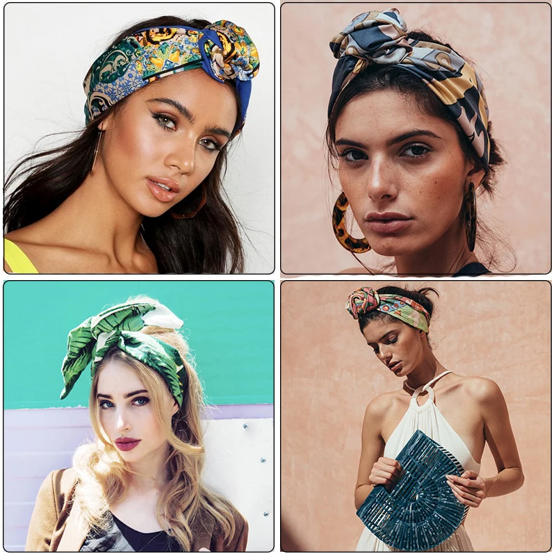 AWAYTR Twist Hairband Metal Scarf Wire Headband Boho Prints Ribbon Scrunchie Flower Bandana Turban Wrap Women Hair Accessories